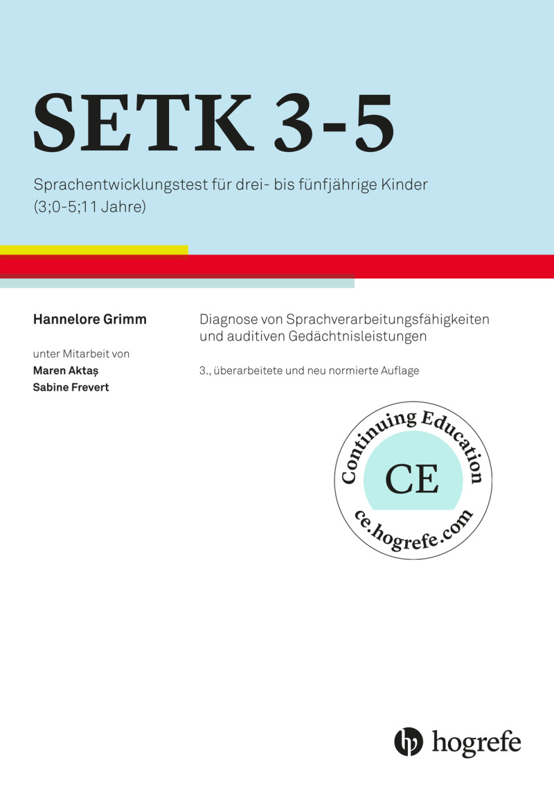 Test komplett bestehend aus: Manual, 10 Protokollbogen 3;0-3;11, 10 Protokollbogen 4;0-5;11, 1 Bildkartensatz „Verstehen von Sätzen“ (VS), 1 Materialset „Verstehen von Sätzen“ (VS), 1 Bildkartensatz „Enkodierung semantischer Relationen“ (ESR), 1 Figurens
