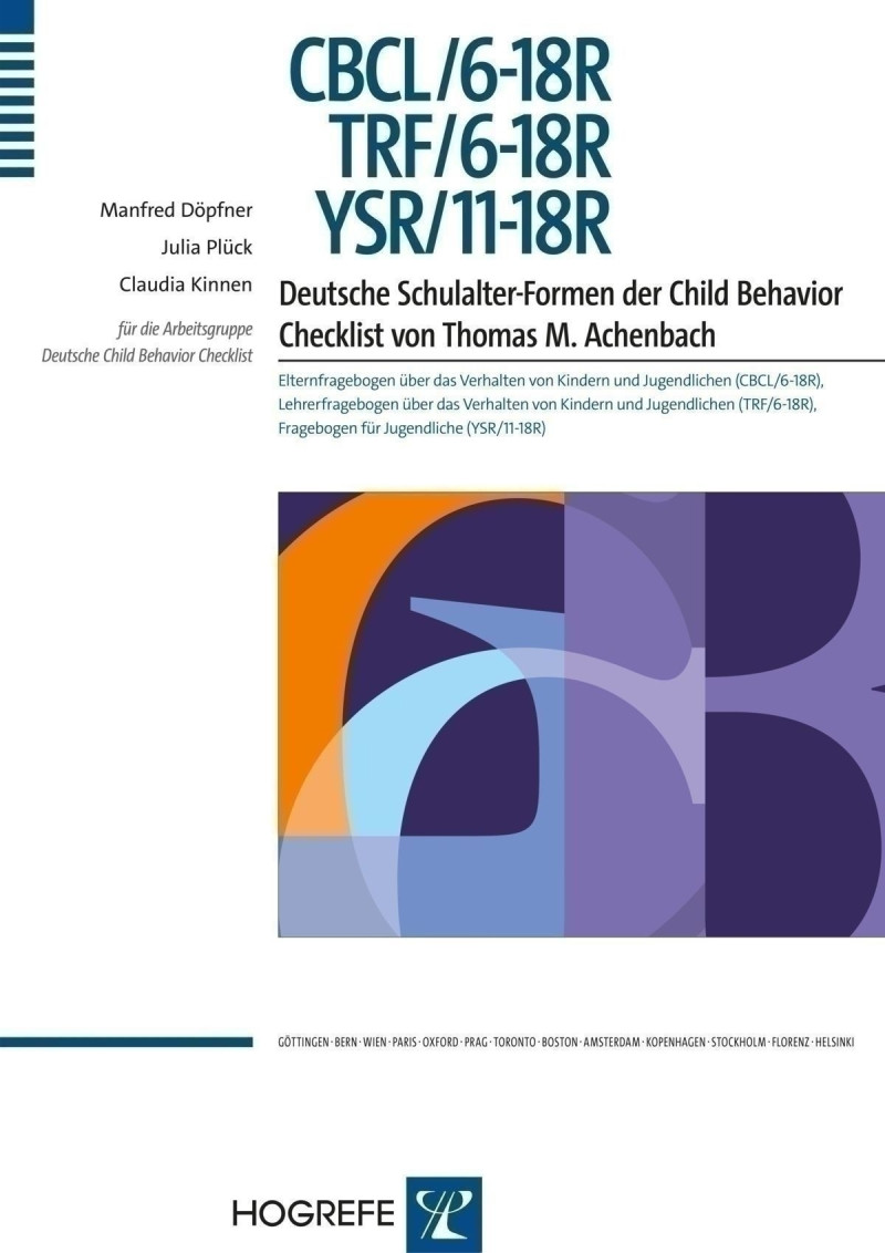 Test komplett bestehend aus (CBCL/6-18R, TRF/6-18R, YSR/11-18R): Manual, 10 Fragebogen CBCL/6-18R, 10 Fragebogen YSR/11-18R, 10 Fragebogen TRF/6-18R, 10 Auswertungsbogen CBCL/6-18R Kompetenz- und Problemskalen, 10 Auswertungsbogen YSR/11-18R Kompetenz- un