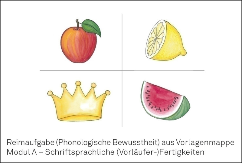 Test komplett bestehend aus: Manual, 10 Protokollbogen, 10 Profilbogen, Vorlagenmappe ModulA – Schriftsprachliche (Vorläufer-) Fertigkeiten, Vorlagenmappe Modul B – Sprachliche Kompetenzen,Vorlagenmappe C Mathematische (Vorläufer-) Fertigkeiten. Audio-CD