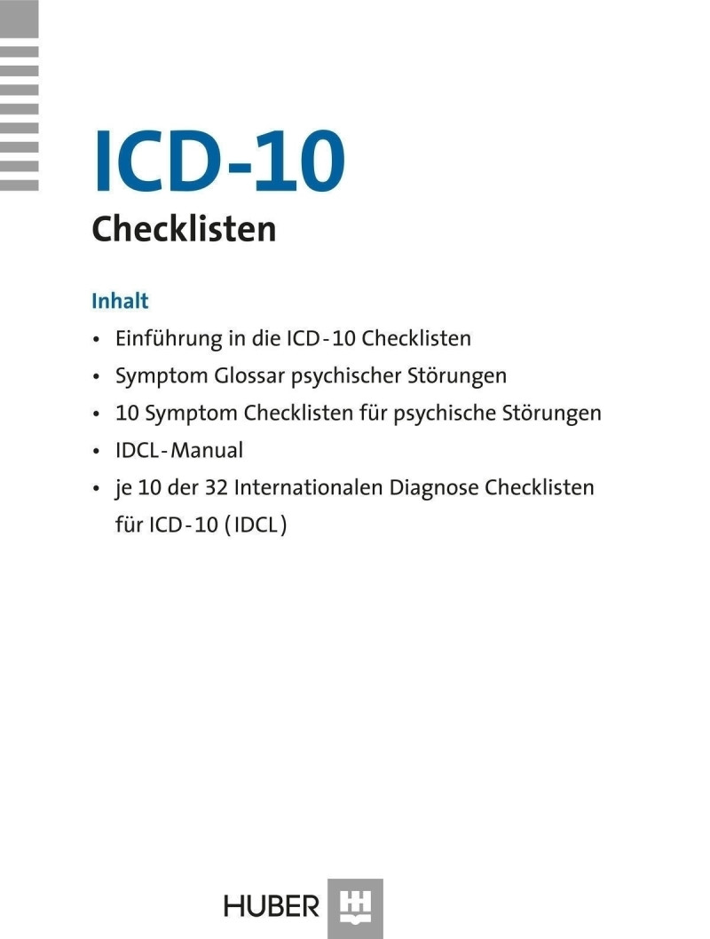 Checklisten-Box komplett bestehend aus: kurzer Einführung, Symptom Glossar, 10 Exemplaren der «Symptom Checkliste» (SCL) der WHO, Manual zu den «Internationalen Diagnosen Checklisten» (IDCL) und je 10 Exemplaren der 32 IDCL für ICD-10