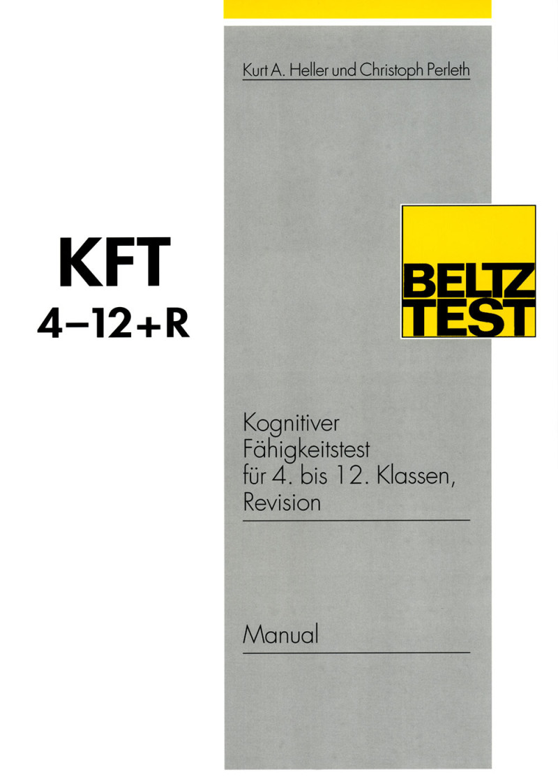 Mustermappe bestehend aus: Manual, je 1 Testheft KFT 4+R Form A und B, je 1 Testheft KFT 5-12+R Form A und B, je 1 Muster-Antwortbogen Klasse 4-12+R, je 1 Schablone KFT 4+R Form A und B, je 1 Schablonensatz KFT 5-12+R Form A und B und Koffer