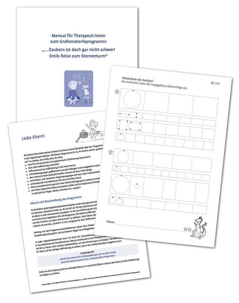 Graphomotorikprogramm komplett bestehend aus: Bilderbuch (28 S.) und Downloadmaterial für Therapeut:innen: Arbeitsblätter (66 S.), Elternanleitung (4 S.) und Manual (7 S.)
